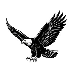 Obraz premium A black silhouette vector illustration of a majestic eagle with spreading wings in flight, capturing the art of freedom and nature as the bird soars through the sky like a powerful hawk