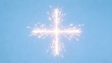 Bright white cross-shaped fireworks exploding against clear blue sky