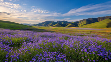 Fototapeta premium AI generator images of Wild lavender fields differ from cultivated lavender fields that are neatly arranged in rows. Wild lavender grows in scattered bushes interspersed with rocks and other native 