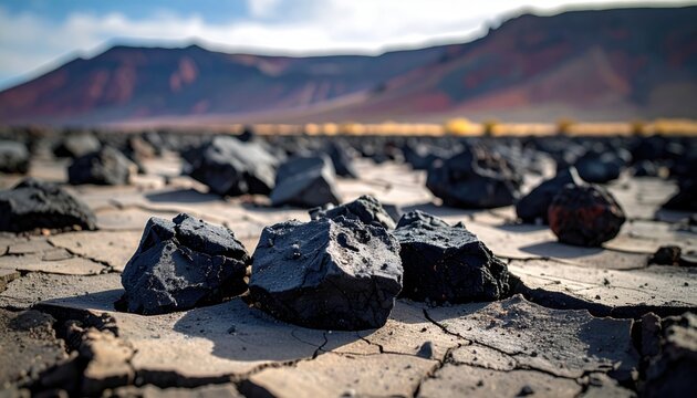 FlyPro Firefly collection of dark irregular volcanic rocks dusted with fine ash on cracked dry lakebed, high resolution