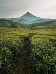 Lush Tea Plantation Landscape with Mountain View.  