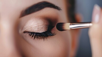 Obraz premium Close-up of a young Caucasian woman applying eyeshadow with a brush. She has long eyelashes and well-groomed eyebrows. Soft makeup tones are visible.