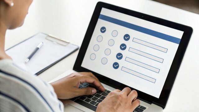 A person completing a multiple-choice survey or form on a laptop, with a clipboard and pen beside them on a white desk.