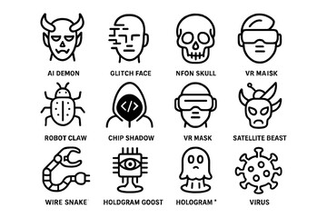 Futuristic symbols: tech faces, masks, and icons in linear style