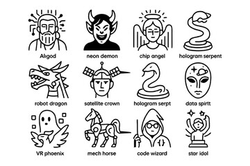 Mythical icon set: angels, demons, dragons, and more in linear style