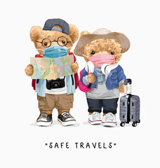 safe travel slogan with bear doll tourist couple vector illustration