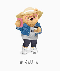 selfie slogan with cute girly bear doll taking selfie vector illustration