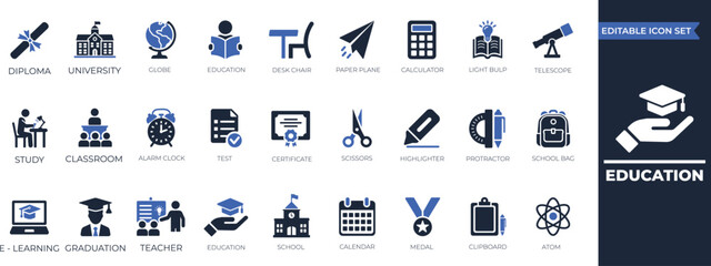 Fototapeta premium Education solid icon set for school, online learning, teacher, student, university, graduation, book, and creative study vector elements.
