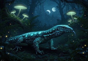 Bioluminescent Monitor Lizard in Enchanting Moonlit Forest