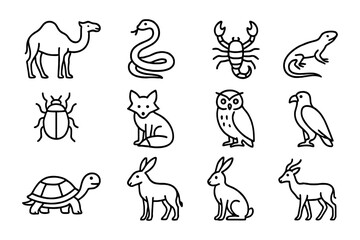 Fototapeta premium Outline animal icons set featuring desert wildlife and common creatures