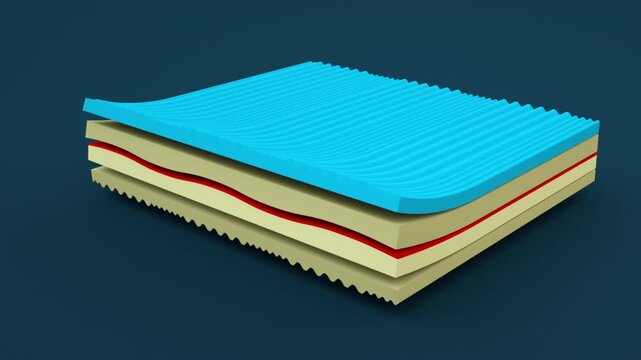 Sponge Mattress Layered Airflow System. A seamless animated of a layered sponge mattress structure, highlighting internal airflow circulation, breathable foam layers.