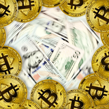 Bitcoin coins on the background of American dollar bills in blurred motion. The concept of effective money management