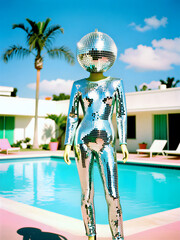 Vibrant Disco Mannequin in Mirrored Jumpsuit by Tropical Poolside Under Sunny Blue Sky
