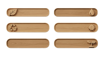 Obraz premium Wooden plaques with environmental symbols representing nature and sustainability concepts.