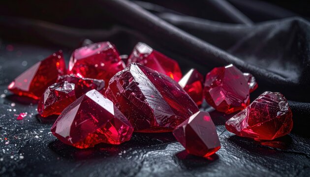 FlyPro Firefly Smooth Polished Garnet Fragments Intense Deep Red Hues Scattered on Dark Textured Surface Professional Came