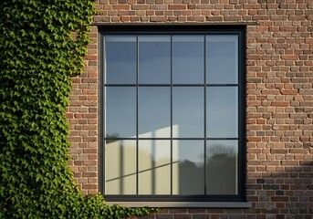 Obraz premium Green ivy climbs a brick wall next to a modern window.