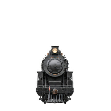 Front view of a black steam locomotive