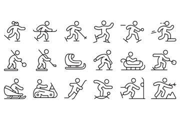 Obraz premium Winter sports line icons set isolated on transparent background ski skating bobsled snowboarding and ice hockey vector illustration
