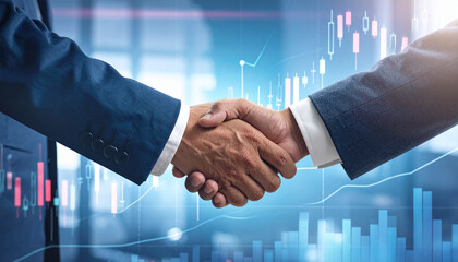 Close-up of a handshake between two men with financial charts agreement deal