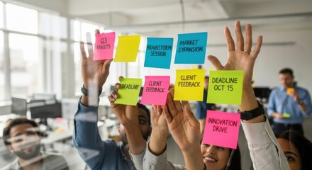 Colorful Sticky Notes Arranged During Brainstorm Session in Modern Office