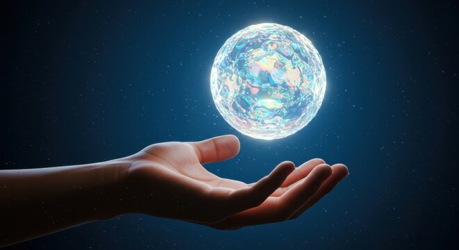 Human hand cradles glowing, multifaceted orb against dark starry backdrop