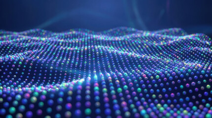 Abstract digital data visualization with glowing colorful particles forming a dynamic wave pattern on a dark background.