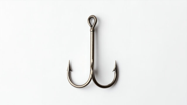 Double Fishing Hook Isolated On White Background, Minimalist Metal Design, Fishing Equipment