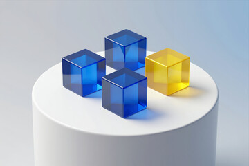 Obraz premium Four Transparent Colored Cubes On A White Cylindrical Pedestal With Gradient Background