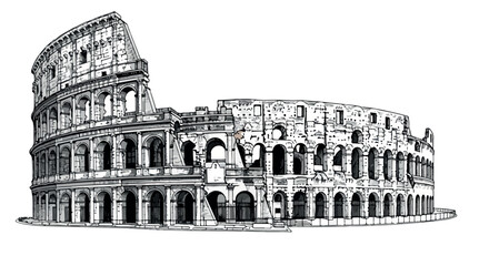 Detailed sketch of the Colosseum in Rome, Italy, with ancient stone arches and tiered seating on a white background.