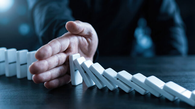Businessman hand stopping the domino effect to prevent a chain reaction of failure and manage risk.