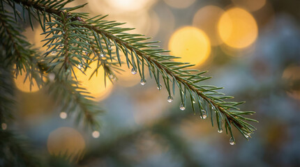Obraz premium Close up of a spruce branch with water droplets and festive golden bokeh lights in a winter forest.