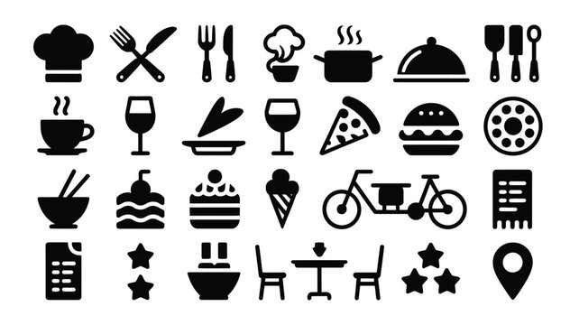Restaurant and food service icons including chef hats utensils bicycles desserts and location markers on white background