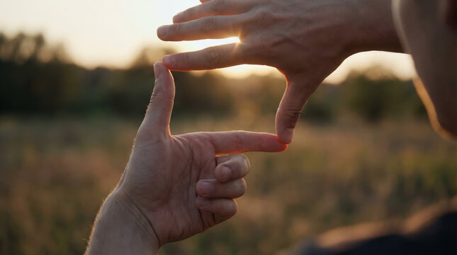 Close up of hands framing a scenic landscape view during golden hour sunset for creative vision concept.