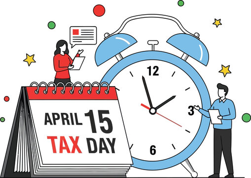 A flat vector illustration showing the April 15 Tax Day deadline with a calendar, large alarm clock, and two business people preparing financial documents.