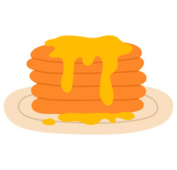 Pancakes with honey. Breakfast food illustration for cafe menus, packaging and cozy autumn designs. Hand drawn vector illustration.