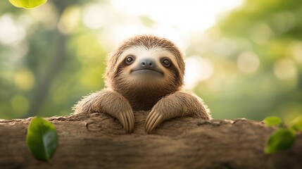 Fototapeta premium Adorable baby sloth peeking over a tree branch in a lush green forest with soft sunlight.