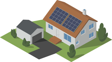 Isometric modern family house with garage and rooftop solar panels, sustainable renewable energy home 3D vector illustration