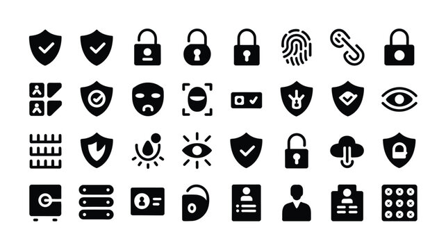 Collection of security icons including locks shields and eyes for protection and safety concepts