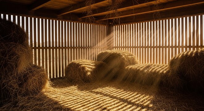 Interior of a rustic barn with golden sunlight streaming through wooden slats, illuminating stacks of hay