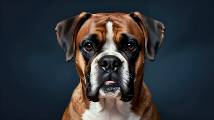 Portrait Of A Focused Boxer Dog With Expressive Eyes Against A Dark Background, Studio Photography