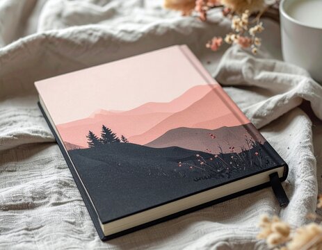 Artistic Flat Lay of Closed Notebook with Mountain Landscape on Neutral Fabric