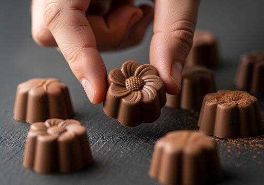 Hand holding a flower shaped chocolate candy
