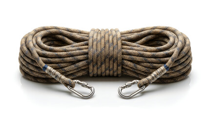Coiled climbing rope with metal carabiners attached at both ends