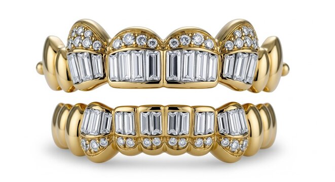Top and bottom sets of gold dental grillz encrusted with baguette and round-cut diamonds on a white background