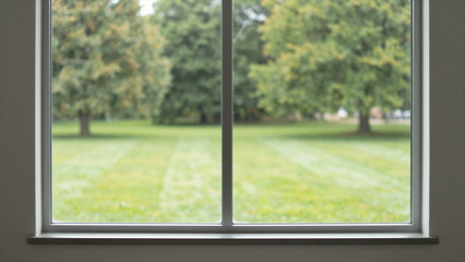 Fototapeta premium View Of Green Lawn And Trees Through A Double-Pane Window, Modern Home Interior