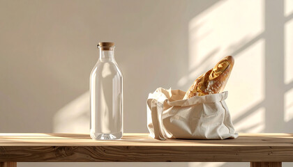 A clear glass bottle and a cloth bag with bread on a wooden table in a bright room