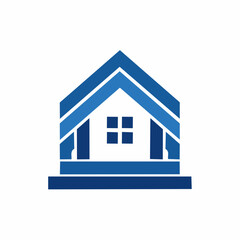 Simple Blue Geometric House Icon with Windows and Rooflines on White Background