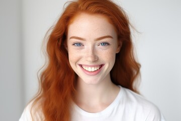 Fototapeta premium Smiling young woman with red hair and freckles in a simple background during daytime Generative AI