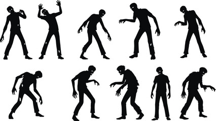 Obraz premium Scary Silhouette Collection of Undead Zombies Walking and Reaching in Creepy Poses for Halloween Horror Concept and Spooky Thriller Design Isolated on White Background