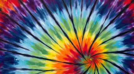 Vibrant rainbow tie dye spiral background with psychedelic abstract pattern and colorful swirl design.